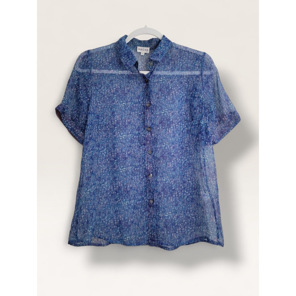 Brora Blue Purple 100% Silk Sheer Short Sleeve Blouse Button Down Shirt Size 10